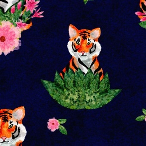 Watercolor Tigers on Navy - Pink Spring Flowers Green Foliage Leaves Artsy  Cute Kids Fabric