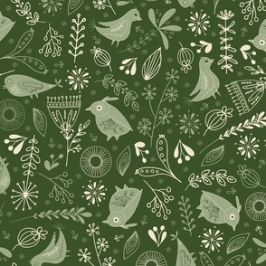 Whimsical Christmas Birds And Flowers in laurel green and white on dark green