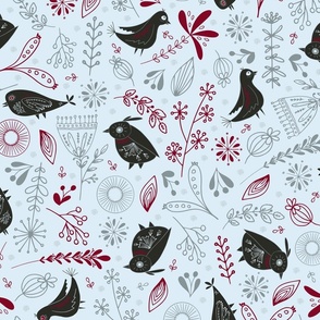 Whimsical Christmas Birds And Flowers in black, smokey blue and cranberry red on ice blue