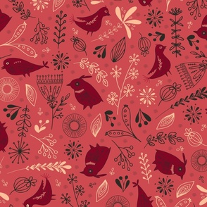 Whimsical Christmas Birds And Flowers in cranberry red, black and saffron orange on christmas pink