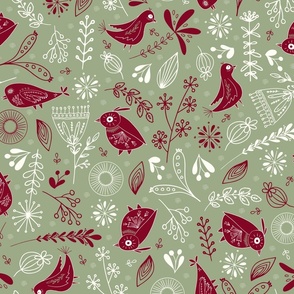 Whimsical Christmas Birds And Flowers in cranberry red and white on laurel green background