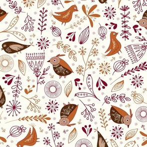 Whimsical Christmas Birds And Flowers in burnt orange, cranberry red and brown on white background