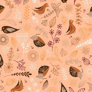 Whimsical Christmas Birds And Flowers in burnt orange, dark brown, red and white on peach fuzz background
