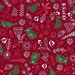 Whimsical Christmas Birds And Flowers in green, pink and white on bright red background