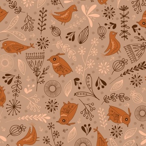 Whimsical Christmas Birds And Flowers in burnt orange, peach fuzz and dark brown on caramel taupe background