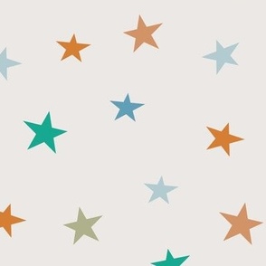 Retro Stars in blue, rust, teal and celadon on eggshell white (lg)
