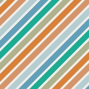 Retro Diagonal Stripes in blue, rust, teal and celadon on eggshell white (med)