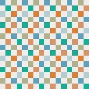 Retro Checkerboard in blue, rust, teal and celadon on eggshell white (sm)