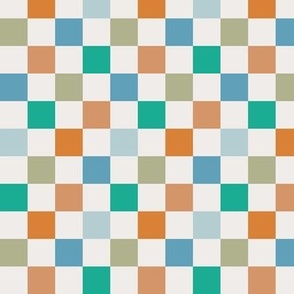 Retro Checkerboard in blue, rust, teal and celadon on eggshell white (med)