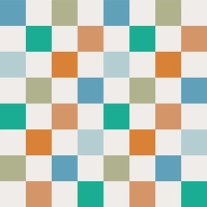 Retro Checkerboard in blue, rust, teal and celadon on eggshell white (lg)