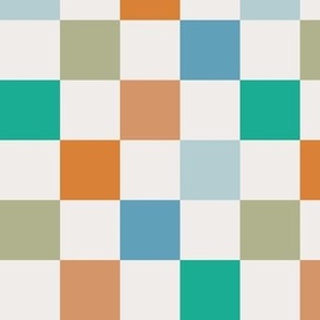Retro Checkerboard in blue, rust, teal and celadon on eggshell white (xl)