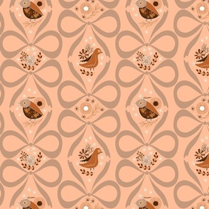 Christmas bows in vertical lines with funny birds, flowers and snow flakes - caramel taupe brown on peach fuzz pink background