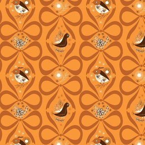 Christmas bows in vertical lines with funny birds, flowers and snow flakes - burnt orange on saffron orange background