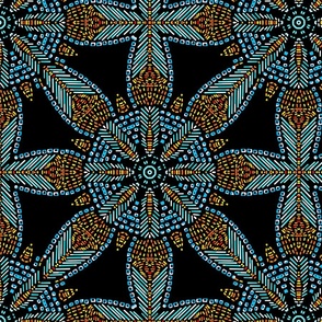 Faux Beaded Feather Medallion Turquoise and Amber on Black