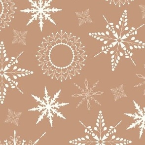 Delicate snow flakes in different sizes toss print - white on caramel taupe brown background