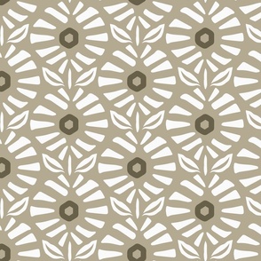 Retro Abstract Geometric Flowers in Light Brown / Taupe and White