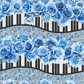 Shabby Chic piano keyboard waves 7 blue roses