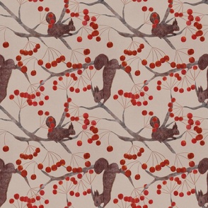 Squirrels and Red berry Small-Beige