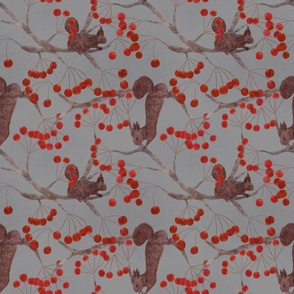 Squirrels and Red berry Small-Grey