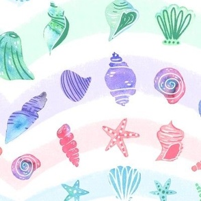 Rainbow  sea shells watercolor ocean conch shells whimsical starfish
