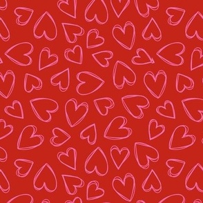 Minimalist triple outline hearts - freehand heart shape tossed valentine's day design pink on red 