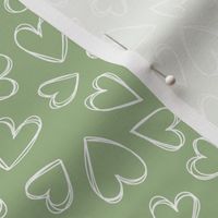 Minimalist triple outline hearts - freehand heart shape tossed valentine's day design white on sage green 