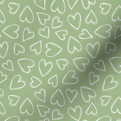 Minimalist triple outline hearts - freehand heart shape tossed valentine's day design white on sage green 