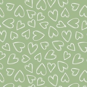 Minimalist triple outline hearts - freehand heart shape tossed valentine's day design white on sage green 