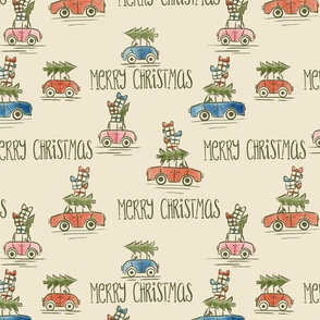 Retro Hand-Drawn Merry Christmas Cars in Red and Green on Off White background