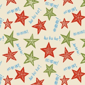 Block Print Christmas Stars and Snowflakes in Green, Red, and Blue