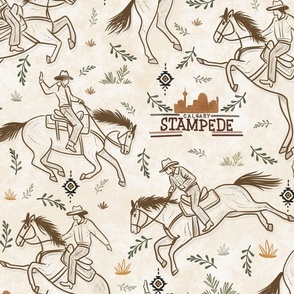 Calgary Stampede - Cowboy rodeo Large - Horseback riding line art in brown and cream