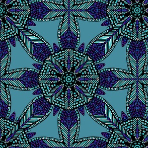 Faux Beaded Feather Medallion Turquoise and Purple on Cadet Blue