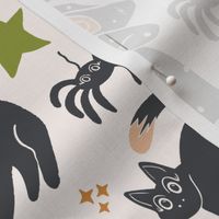 Whimsical Halloween Witches and Cats on Ivory Cream Fabric - M