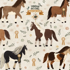 Calgary Stampede - Miniature horse show Large - horses and prizes over a botanical texture cream background.