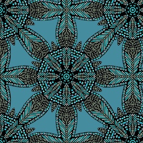 Faux Beaded Feather Medallion in Sage Green and Turquoise Blue on Cadet Blue