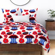 Apple A Day Red, White And Blue Flowers And Fruit Summer July 4th Independence Day Patio Picnic Party 70’s Swedish Modern Retro Cherry Navy Bright, Bold Botany Floral Screenprint Mid-Century Scandi Kids Repeat Pattern