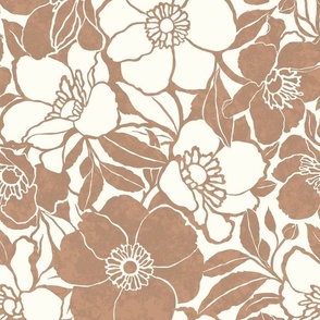 Medium Vintage floral - Caramel Taupe and Natural White - glam retro flowers - floral wallpaper - bold two color multidirectional fabric texture - classic bedding wedding fall flowers Christmas floral