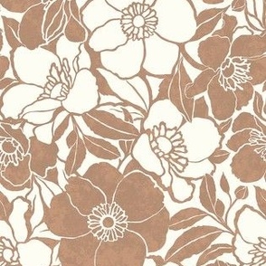 Small Vintage floral - Caramel Taupe and Natural White - glam retro flowers - floral wallpaper - bold two color multidirectional fabric texture - classic bedding wedding fall flowers Christmas floral