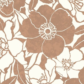 Large Vintage floral - Caramel Taupe and Natural White - glam retro flowers - floral wallpaper - bold two color multidirectional fabric texture - classic bedding wedding fall flowers Christmas floral