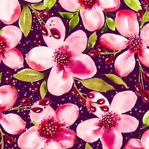 Pink Decadence -Large Scale Watercolor Blooms on Dark Plum