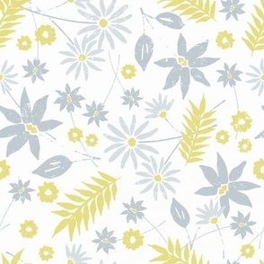 Scattered Wildflowers and Leaves in blue gray and gold yellow on cream