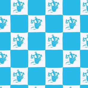 Modern Painted Blue and White Floral Checker Board in  Blue