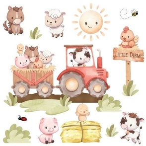 Farm Animals Tractor Baby Nursery Kids Fabric Wallpaper 