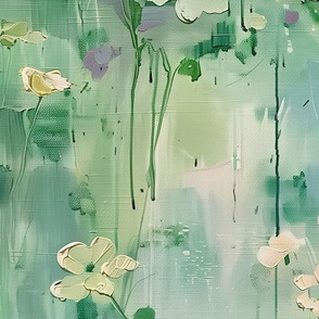 Jumbo Abstract Vintage Oil Painting with Soft Green and Floral Accents