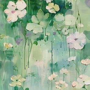 Abstract Vintage Oil Painting with Soft Green and Floral Accents