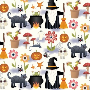 Cottagecore Halloween Ghosts Pumpkins and Witchy Gnomes on Soft White Large Scale