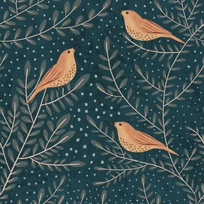 Winter Song Thrush Birds for fabric on Dark Green