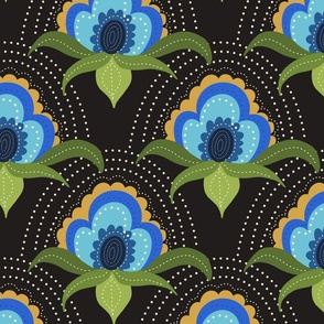 XL  Moody Traditional Indian Floral Hand Drawn Motifs for walls and upholstery Blue on Black