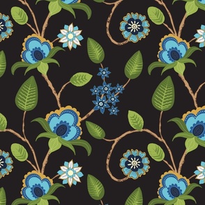 XL Traditional Indian Floral Trailing Vines in Hand Drawn Motifs Blue Green