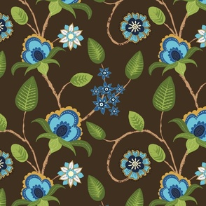 XL Traditional Indian Floral Trailing Vines in Hand Drawn Motifs Blue Dark Umber